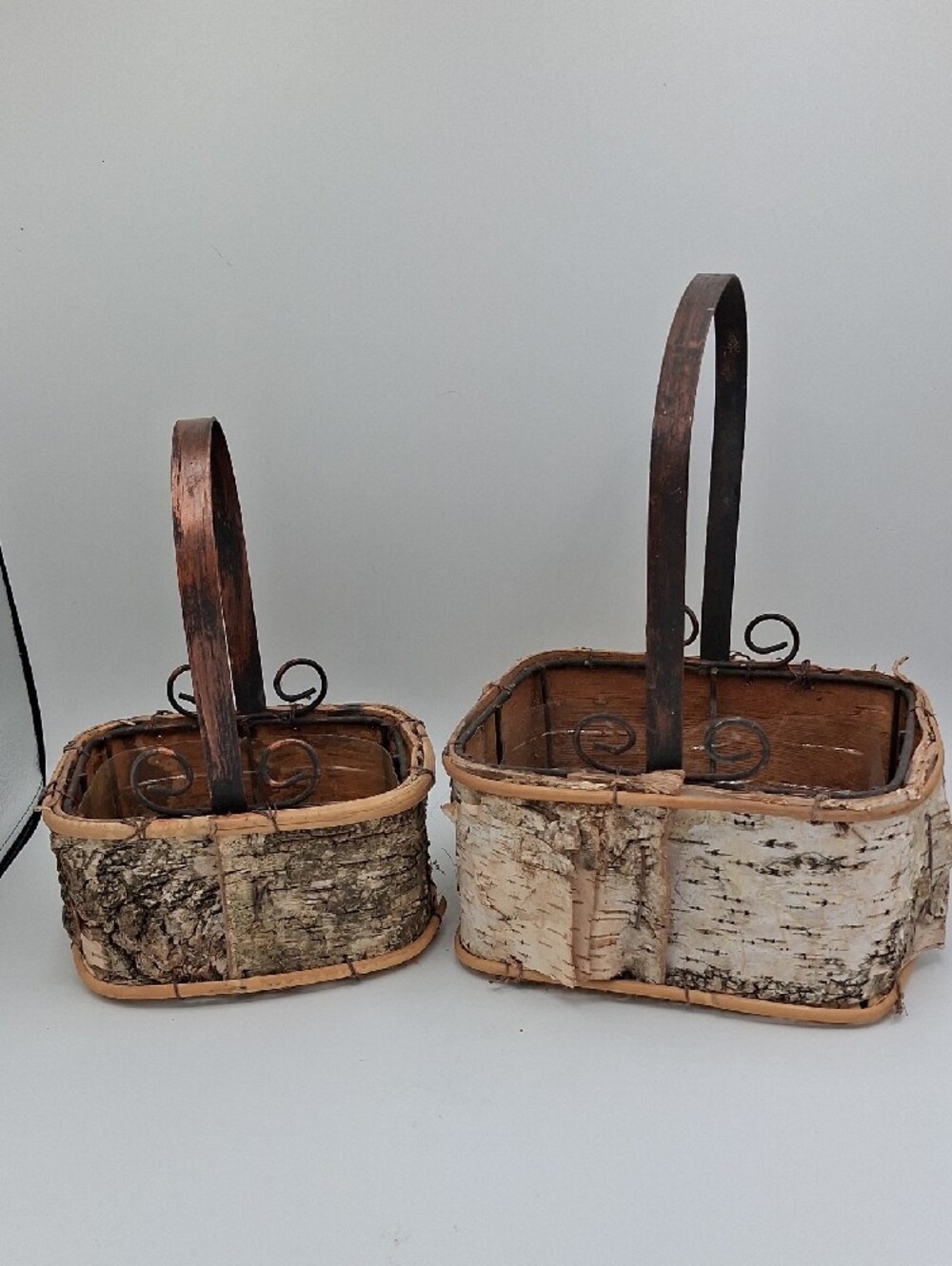 Rustic Birch Bark Baskets with Curled Metal Handle - Picture 2 of 4